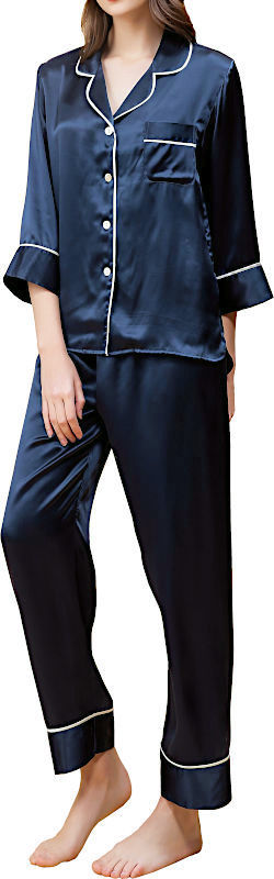 【M・L】シルク パジャマ レディース 100% 16.5 匁 7分袖 無地 紺色 ネイビー サテン 寝巻 ナイトウェアー ルームウェア ll 【 送料無料 】...