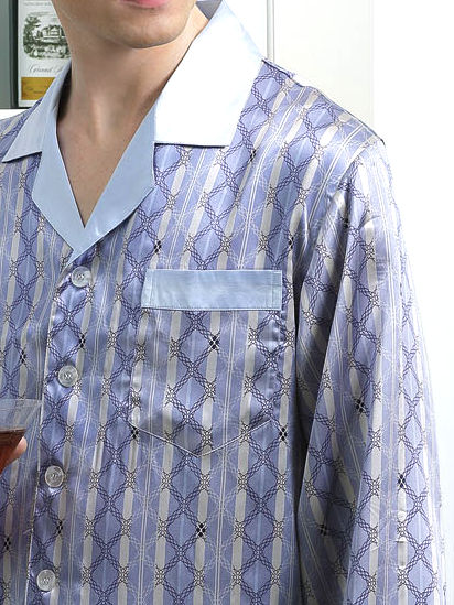 【L 】【アウトレット】シルク パジャマ メンズ 長袖 16.5匁シルク100% 波チェック ( 青色 ブルー ) 絹100% 【 送料無料 】 sale 値下...