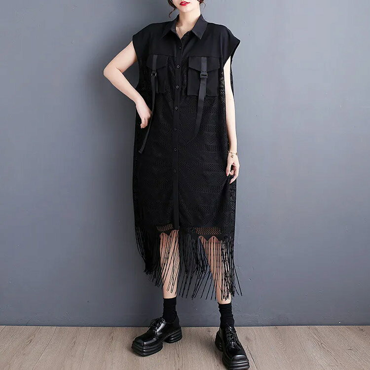 切り替え レース＆フリンジパッチワーク レース＆フリンジパッチワーク ノースリーブ ロングワンピース ビッグシルエット Aラインワンピース 大きいサイズ 大人 原宿系 ブラック kii-market-10017873 キイマーケット サンプル画像3