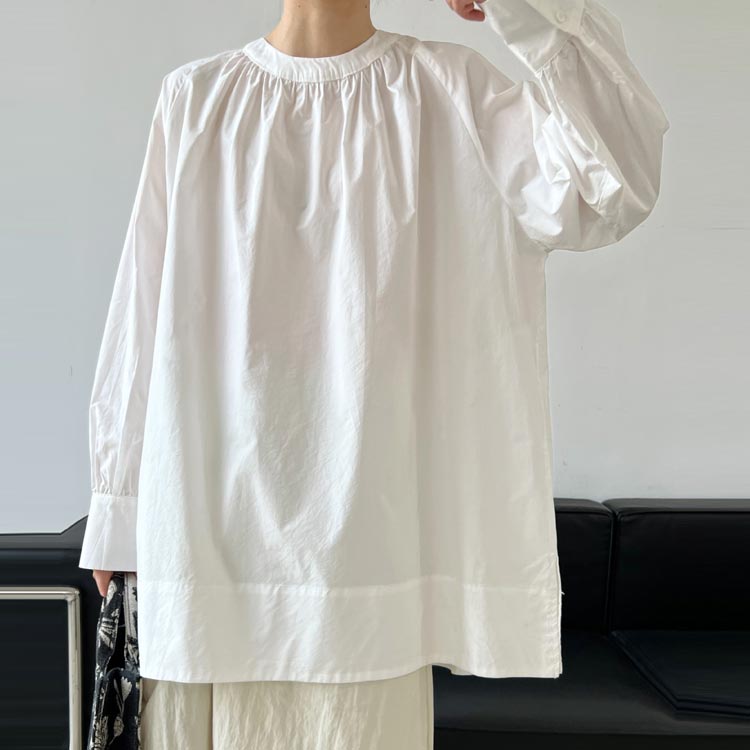 カジュアル スタンドカラー シャツ レディース チュニックブラウス チュニック ロング丈 ロングシャツ ブラウス スリット入り ギャザー入り 長袖 大人 かわいい 体型カバー ブラウス M L