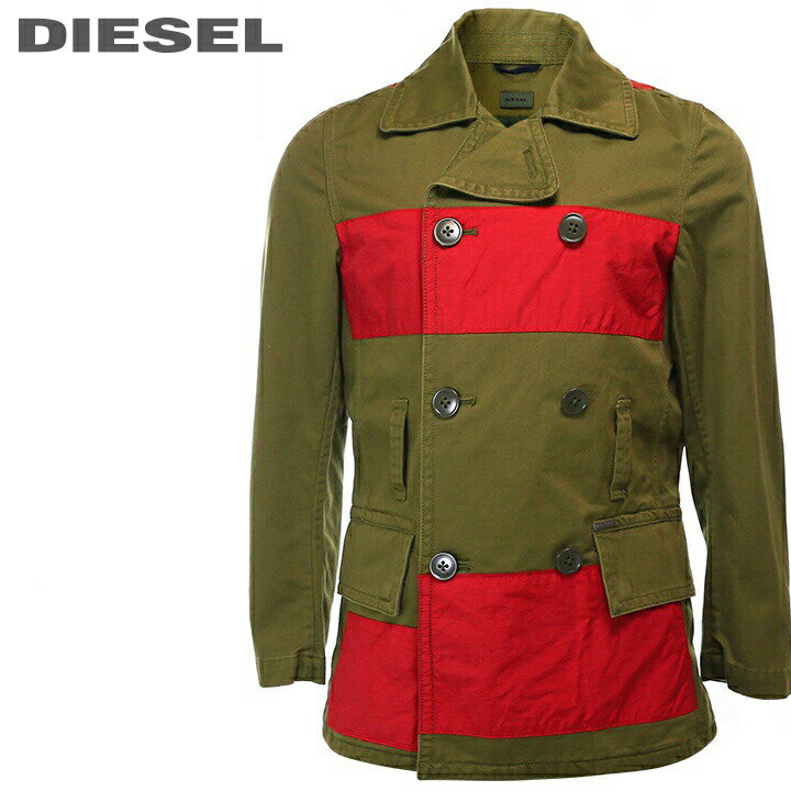 ■DIESEL ディーゼル メンズ■配色切替 ミリタリー ワークコート ピーコート ジャケット【J-CHARLES】【サイズXS〜XL】【カーキグリーン×レッド】die-m-o-94-118 《メーカー希望小売価格50,600円》