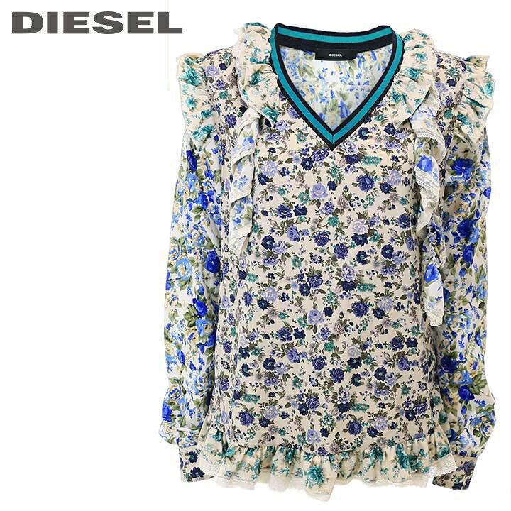 ★DIESEL ディーゼル レディース★総柄 花柄 レースフリル装飾 長袖ブラウス【C-AINE】【サイズXS・S】【ブルー系】die-l-t-a8-323 《メーカー希望小売価格25,300円》