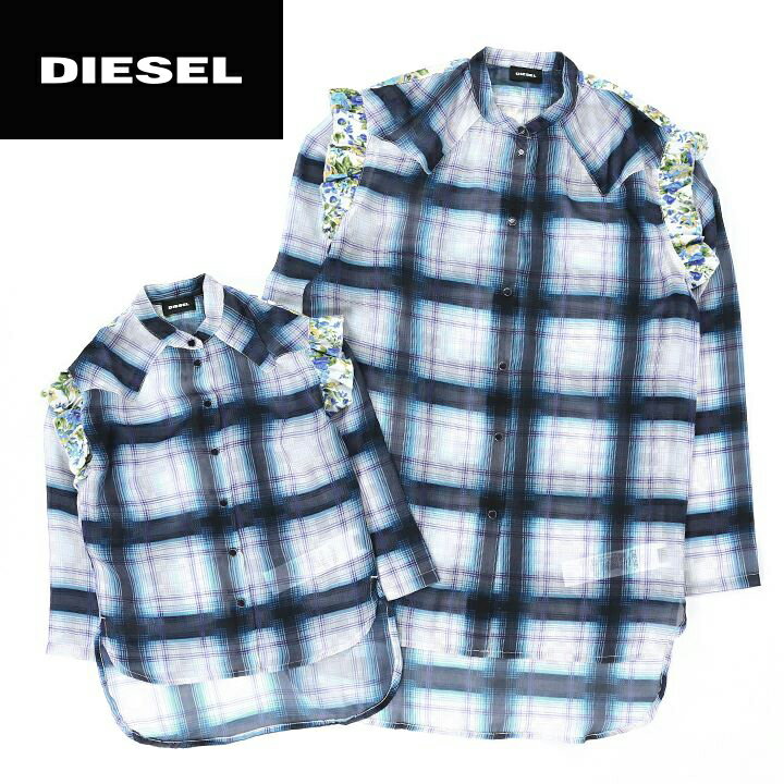 ●DIESEL KID ディーゼルキッズ ジュニア ガール●チェック柄 花柄切替フリル シースルー 子ども服 女の子 長袖シアーシャツ ブラウス【CLESSIA】【SIZE4〜16】【ブルー】dik-l-t-b4-431 《メーカー希望小売価格16,280円》
