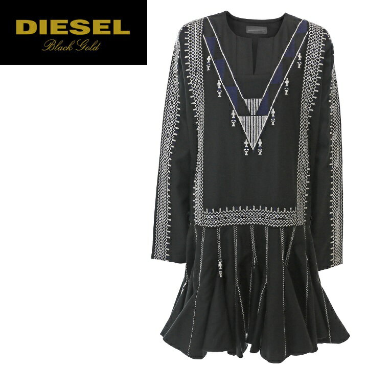 ★DIESEL BLACK GOLD ディーゼル ブラックゴールド レディース★ヴァージンウール 刺繍装飾 エスニック ネイティブ柄 長袖ミニワンピース【DIUSEP】【サイズ38】【ブラック】die-l-t-b8-515 《メーカー希望小売価格104,500円》