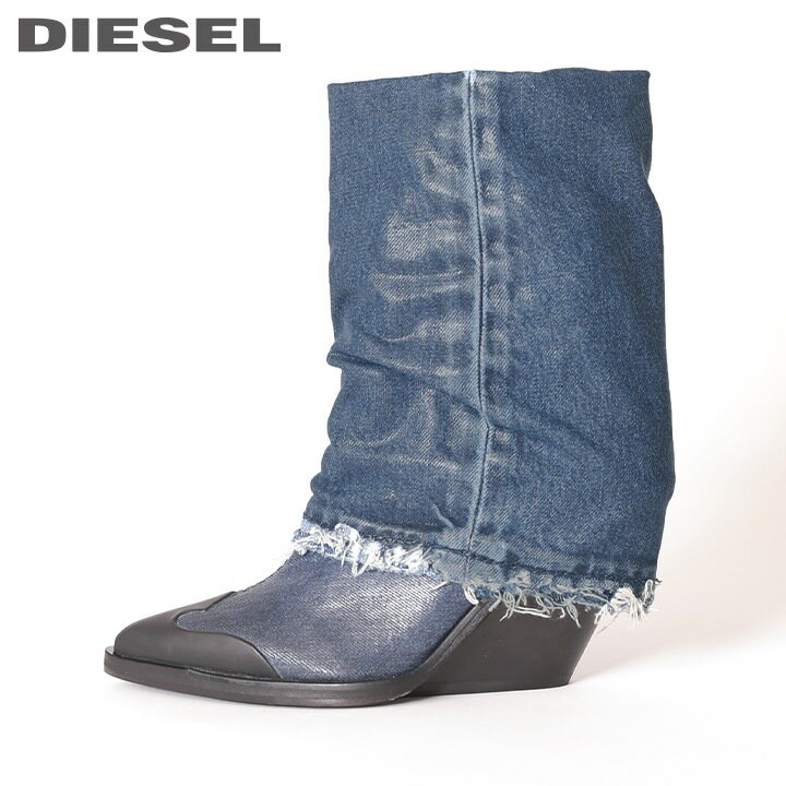 ★DIESEL ディーゼル レディース★ウエスタン調 コーティング加工デニム ウェッジソール ブーツ ブーティー 靴【D-WEST MB】【日本サイズ22.5〜25.5】【インディゴブルー】die-l-k-c4-206 《メーカー希望小売価格46,200円》