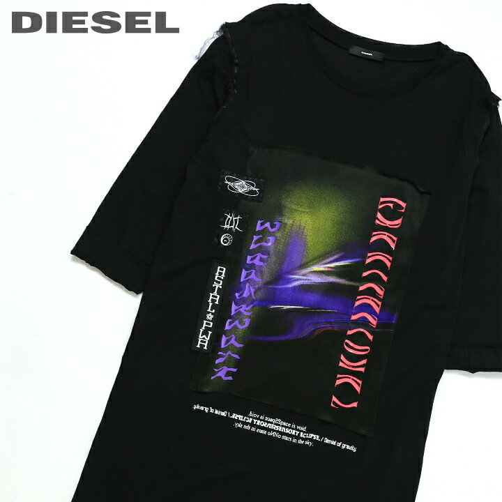 ★DIESEL ディーゼル レディース★グラフィックプリント シルク切替 カットオフダメージ 七分袖 膝丈 Tシャツワンピース【D-PAIGEST】【サイズXXS・XS】【ブラック】die-l-t-c8-141 《メーカー希望小売価格31,900円》