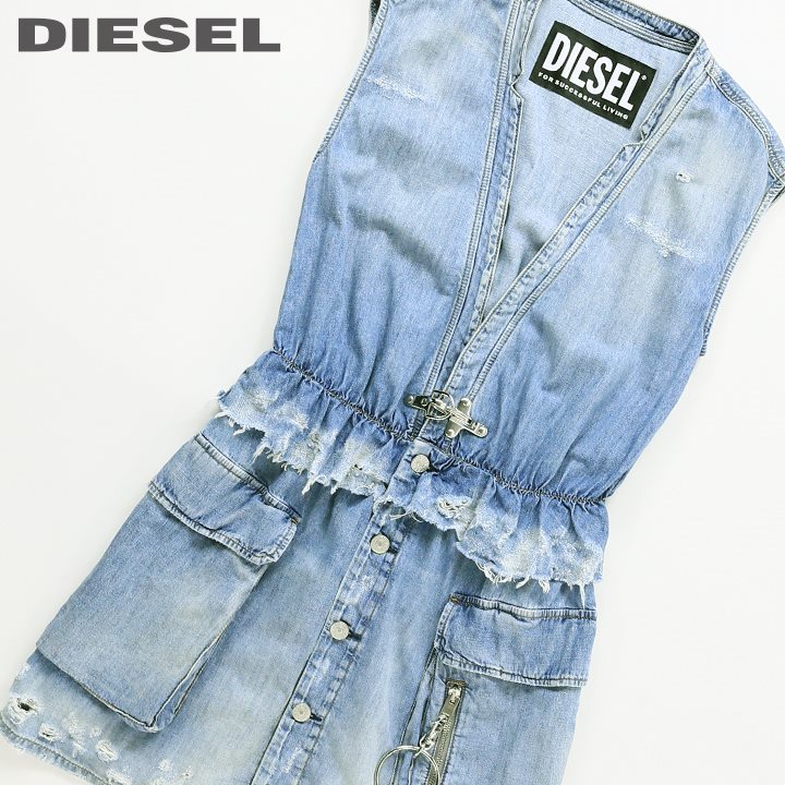 ★DIESEL ディーゼル レディース★デストロイダメージ加工 カットオフ 切りっぱなし ノースリーブ デニムミニワンピースdie-l-t-c8-112 《メーカー希望小売価格53,900円》