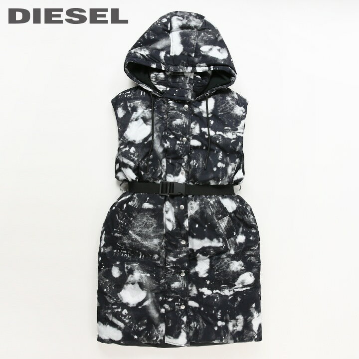 ディーゼル ベルト（メンズ） ★DIESEL ディーゼル レディース★総柄 ベルト付き フード ベスト ノースリーブ中綿コートジャケット【W-LALLA-SL】【サイズXXS(M～L相当)】【2～3サイズ程大きめのサイズ感】【ブラック】die-l-o-d8-030 《メーカー希望小売価格60,500円》