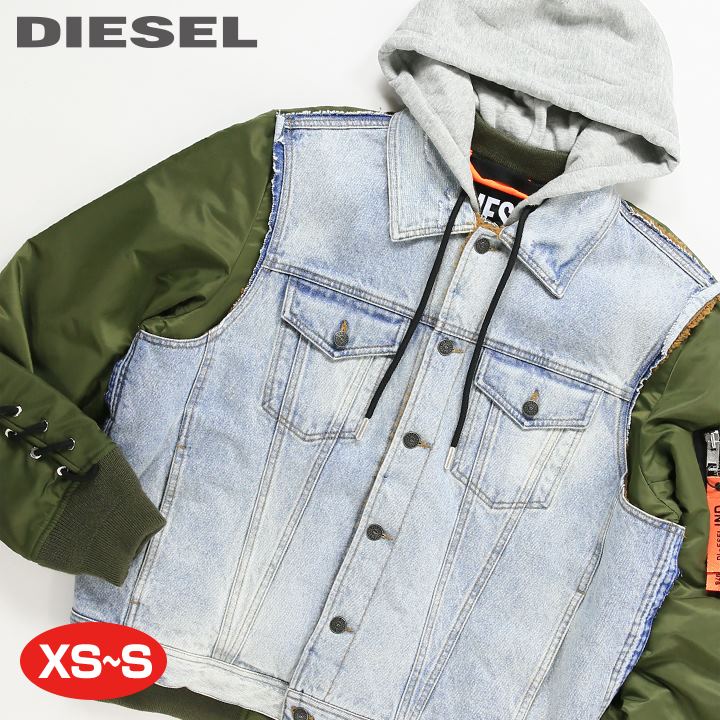 ■DIESEL ディーゼル メンズ■レイヤード風 デニム地 切替 フードボンバージャケット【W-STORMY】【サイズXS・S】【1サイズ程大きめのサイズ感】【カーキグリーン×インディゴ】die-m-o-d8-954 die-m-o-d8-047 《メーカー希望小売価格82,500円》のサムネイル
