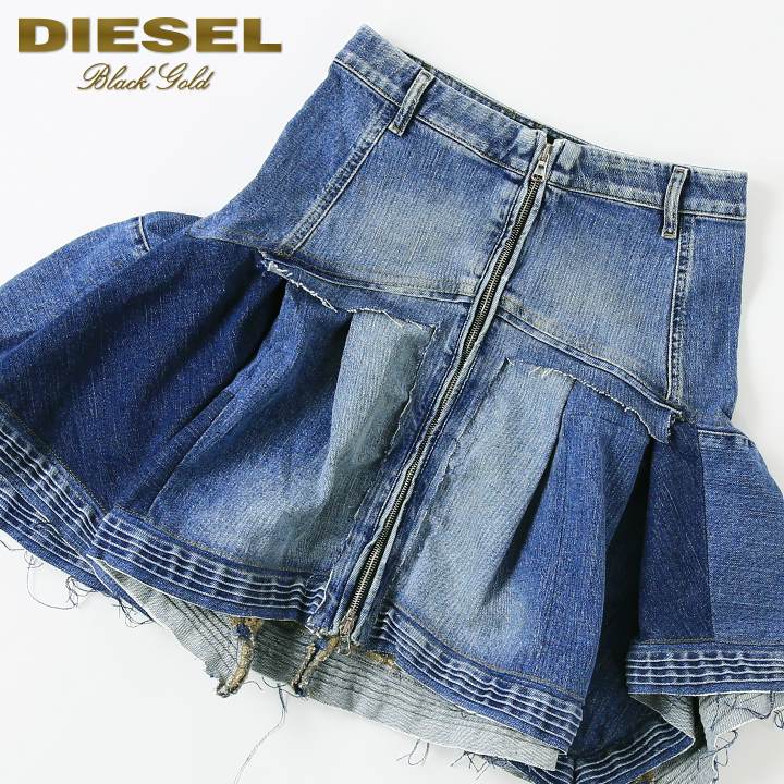 ★DIESEL BLACK GOLD ディーゼル ブラックゴールド レディース★パッチワーク カットオフ フレア デニムミニスカートdie-l-s-d8-413 《メーカー希望小売価格74,800円》