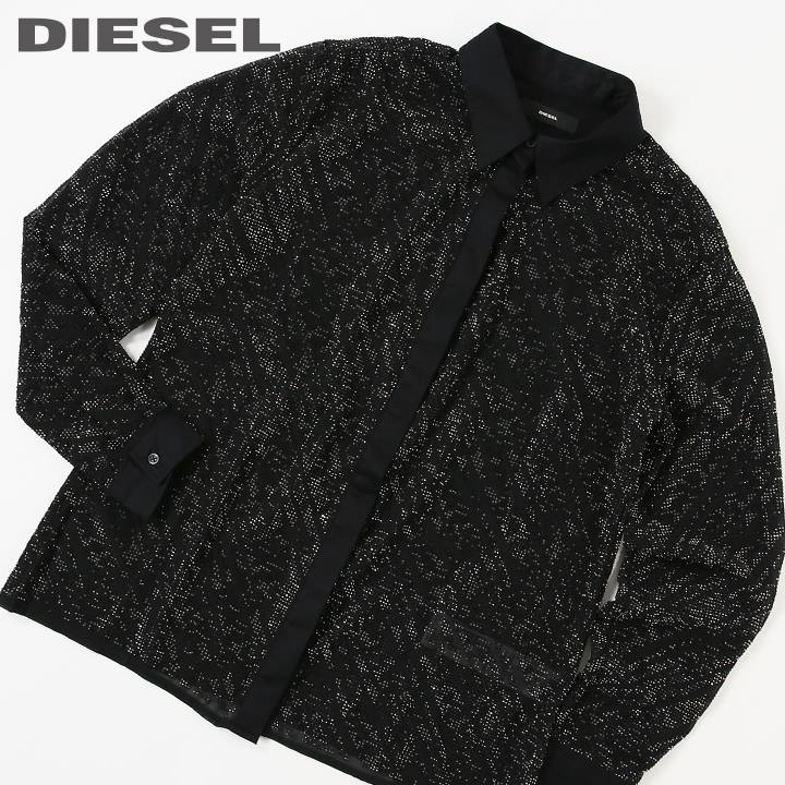 ★DIESEL ディーゼル レディース★ラインストーン装飾 比翼 ボタンフライフロント 長袖 シースルーシフォンブラウス【C-MARY】【サイズXS】【ブラック】die-l-t-e4-208 《メーカー希望小売価格27,500円》