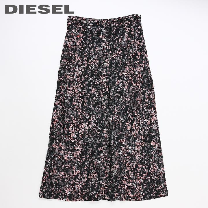 ★DIESEL ディーゼル レディース★総柄 薄手レーヨン サイドスリット マキシロングスカート【O-PALMS】【W28～32】【ブラック系】die-l-s-e4-114 《メーカー希望小売価格35,200円》