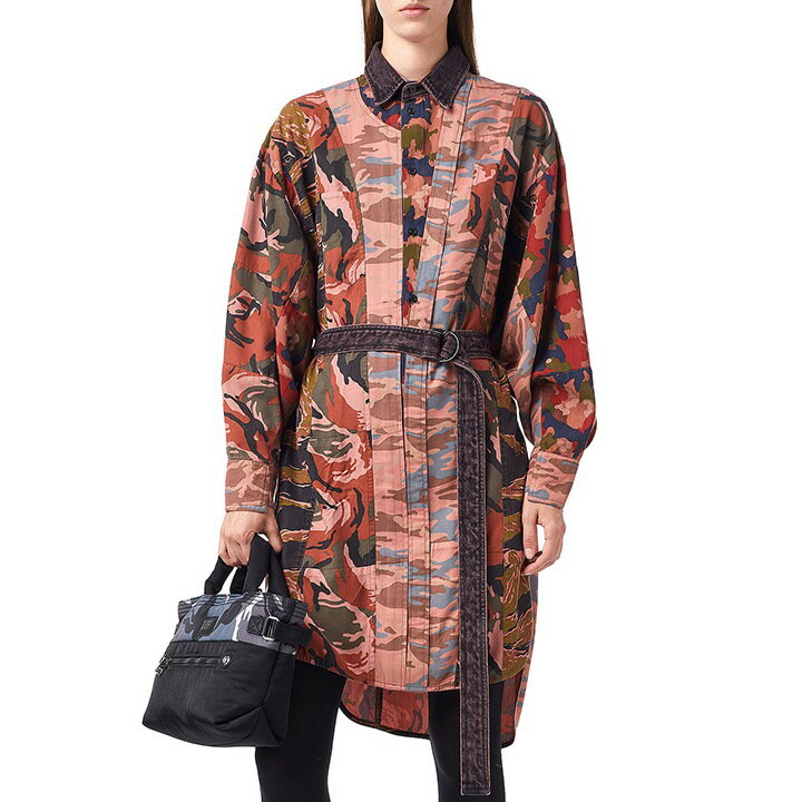 ★DIESEL ディーゼル レディース★ウエストデニムベルト付き ヴィンテージウォッシュ アシンメトリー 長袖シャツワンピース【D-VITTORIA】【サイズXS・S】【1サイズ程大きめのサイズ感】【ピンク系】die-l-t-e8-311 《メーカー希望小売価格63,800円》