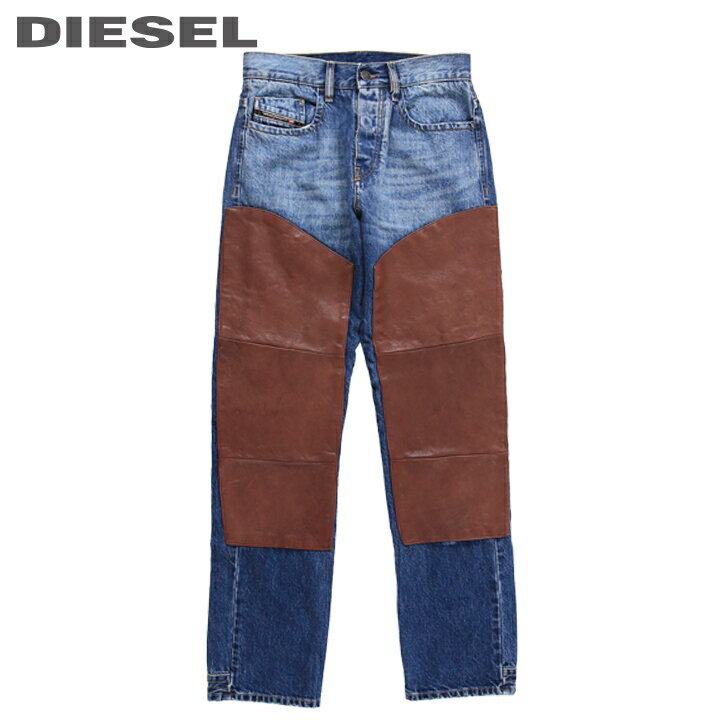 ■DIESEL ディーゼル メンズ■羊革レザー切替 ストレート ジーンズ デニム パンツ【D-VIKER-SP1】【W26〜36】【L32】【ミディアムインディゴ】die-m-p-e8-868 《メーカー希望小売価格93,500円》