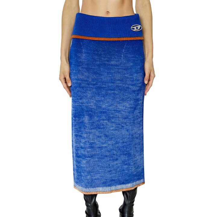 ★DIESEL ディーゼル レディース★オーバルDメタルロゴ ミディ丈 ウールニットスカート【M-ARILOU】【サイズM】【ブルー】die-l-s-f8-34n 《メーカー希望小売価格51,700円》