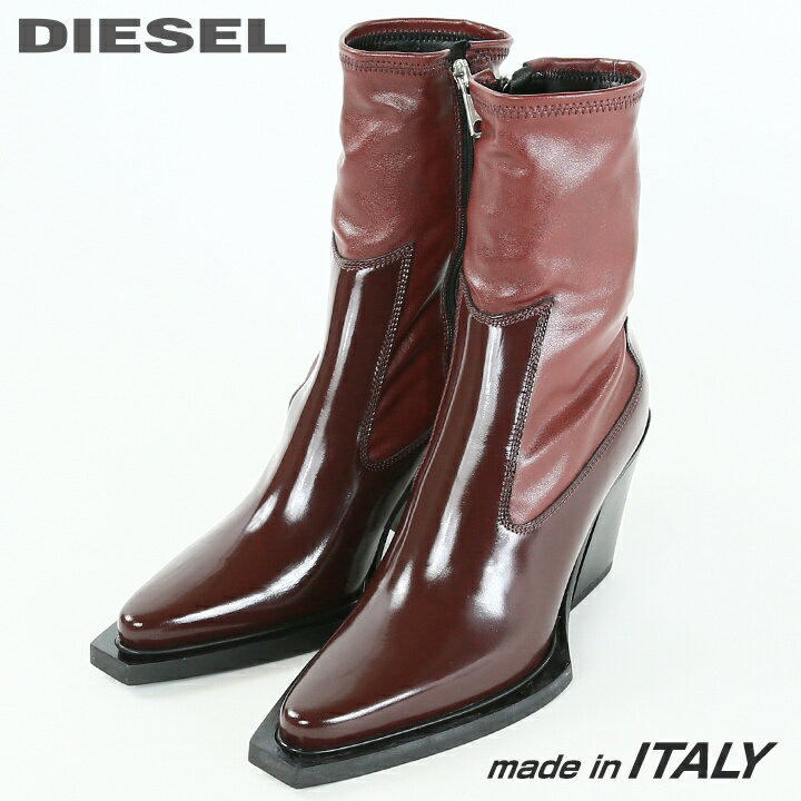 ★DIESEL ディーゼル レディース★ミックスマテリアル サイドジップ チャンキーヒールウエスタンブーツ ..