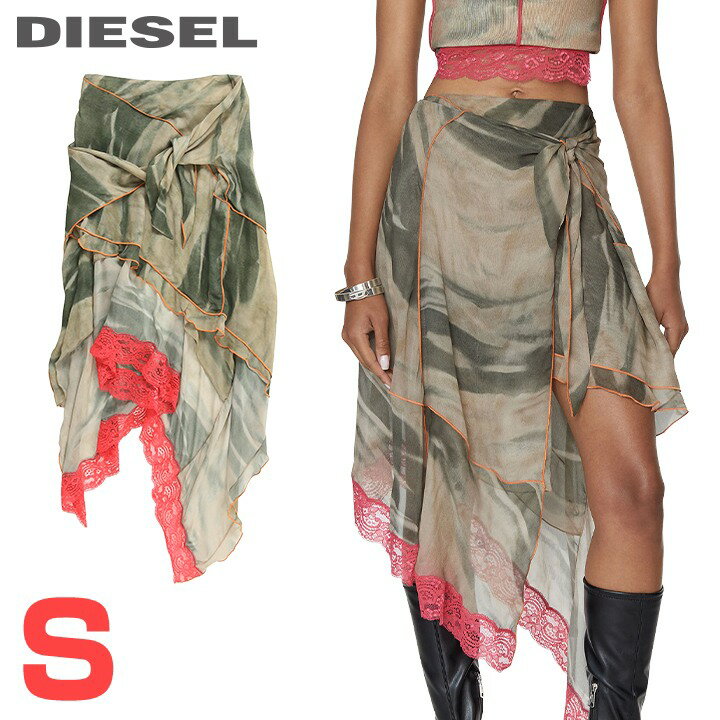 ★DIESEL ディーゼル レディース★カモフラージュ柄 アシンメトリー レース装飾 シースルーレイヤードスカート【O-RUBINO-LACE】【サイズS】【カーキグリーン系】die-l-s-f8-351 《メーカー希望小売価格49,500円》(4)