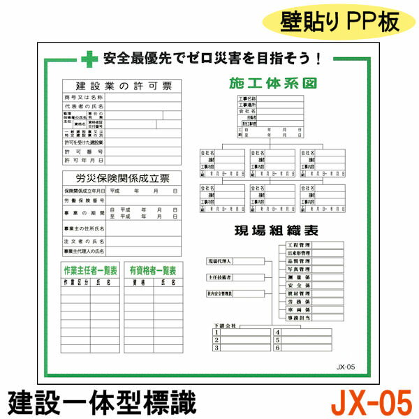 工事現場 標識 建設 看板 標識板 屋内 屋外 耐水 壁貼り フェンス 建設工事 工事 道路 安全 保安 【建設一体型標識 JX-05】【1枚】壁貼りタイプ PP製 建設業の許可票 / 労災保険関係成立票 / 作業主任者一覧表 / 有資格者一覧表 / 施工体系図 / 現場組織表