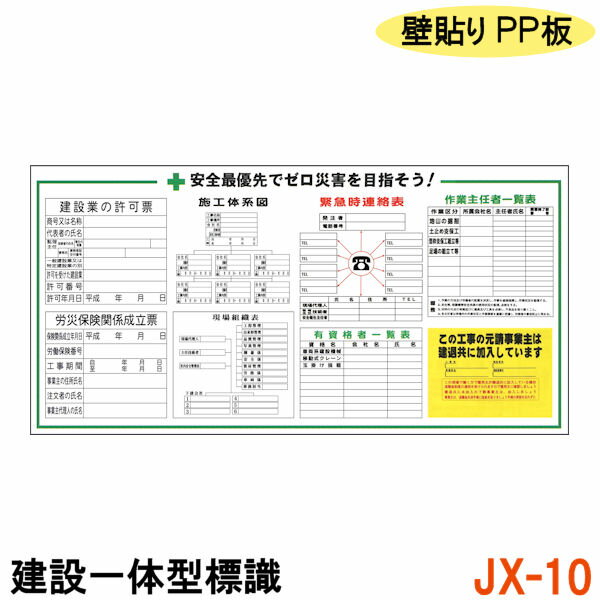 工事現場 標識 建設 看板 標識板 屋内 屋外 耐水 壁貼り フェンス 建設工事 工事 安全 保安 【建設一体型標識 JX-10】【1枚】壁貼りタイプ PP製 建設業の許可票 / 労災保険関係成立票 / 施工体系図 / 現場組織表 / 緊急時連絡表 / 有資格者一覧表 / 作業主任者一覧表