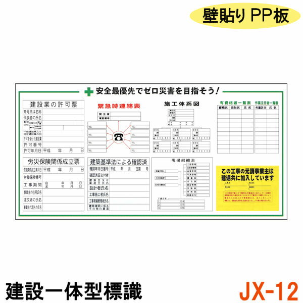 工事現場 標識 建設 看板 標識板 壁貼り フェンス 工事 【建設一体型標識 JX-12】【1枚】壁貼りタイプ PP製 建設業の許可票 / 労災保険関係成立票 / 緊急時連絡表 / 建築基準法による確認済 / 施工体系図 / 現場組織表 / 有資格者一覧表 / 作業主任者一覧表