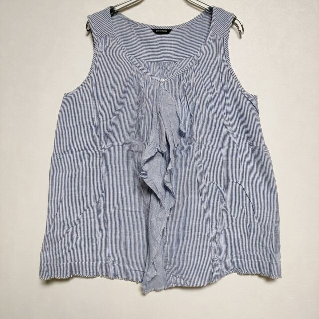 pas de calais コットン ストライプ ノースリーブ プルオーバー ブラウス シャツ ブルー レディース パドカレ【中古】3-0622S