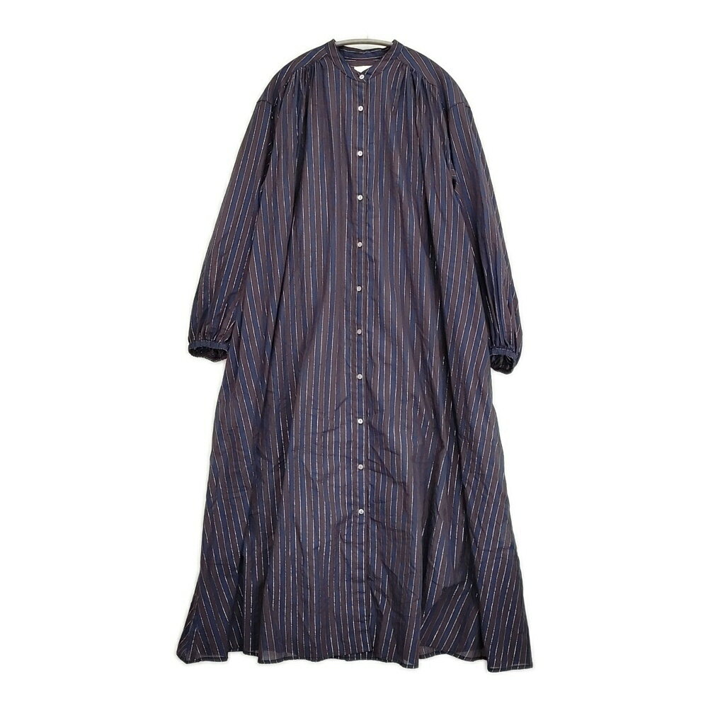 HYU ヒュー ストライプギャザーシャツワンピース 定価24200円 インド製 ラメ 25SS ネイビー ブラウン レディース Spick and Span【中古】5-1011M