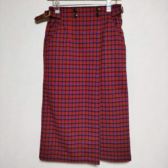SHIPS チェックラップ風タイトミディ スカート レッド ブルー レディース シップス【中古】3-0906T
