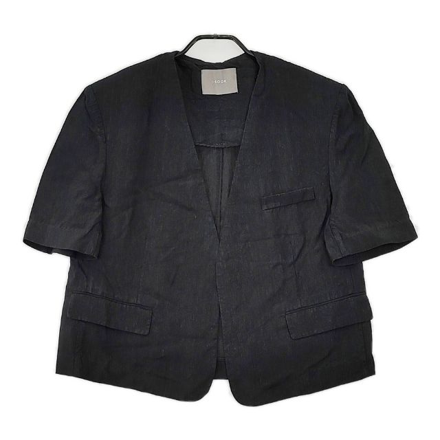 ISOOK アイスー i-sook リネンレーヨン 肩バッド入り ノーカラー ジャケット ブラック レディース【中古】5-0605S