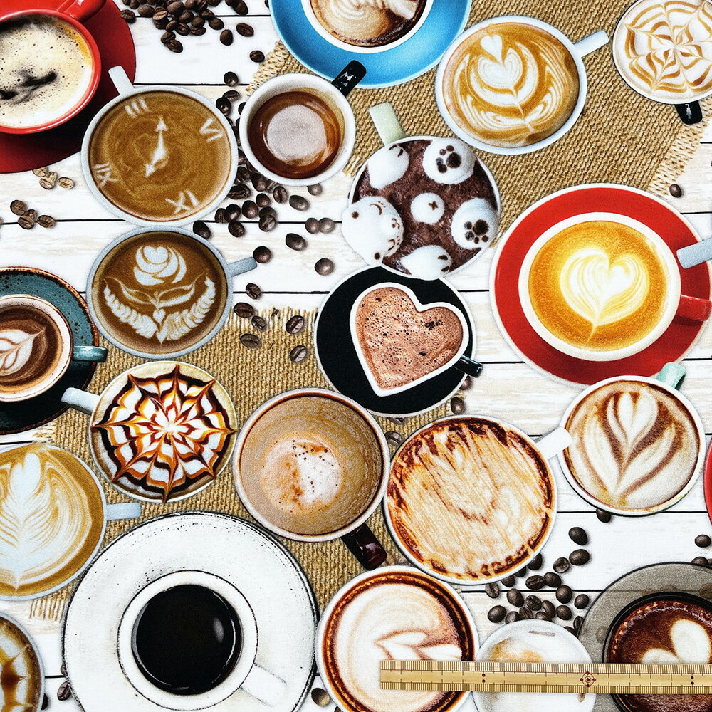 カフェアート柄 シーチング生地 品番syi-rr2011【3mまでネコポス可】50cm単位|出店|催事|ディスプレイ|ハンドメイド|クロス|ブラウス|雑貨|布|コーヒー柄|カフェ|入園入学 |手芸|レッスン|バッグ|体操服入れ|入園バッグ|コップ袋|カフェ柄【デジタルプリント】【Riconic】