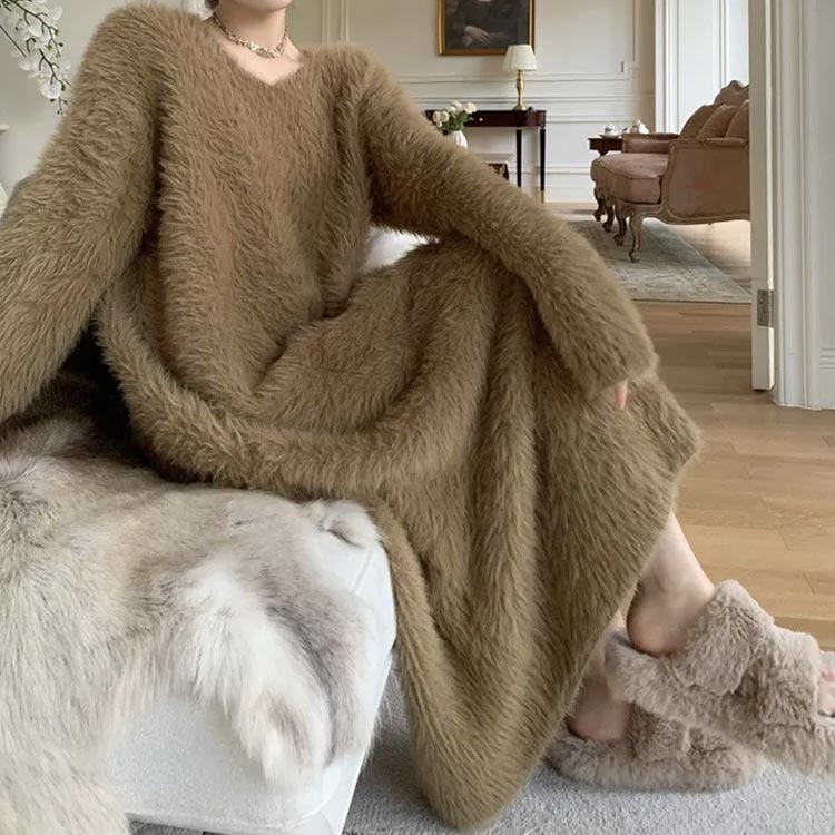ルームウェア レディース 冬 もこもこ 大きいサイズ シャギー ふわふわ モコモコ ワンピース ワンピース ロングワンピース ロング丈 シャギーニット 秋冬ニット 膝下丈 ストレッチ マキシワンピース マキシ丈 長袖 秋 冬 体型カバー 暖かい 部屋着 S M L 送料無料