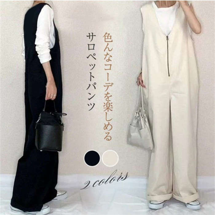 【激安販売中!】サロペット パンツ レディース オールインワン Vネック ワイドパンツ 春夏 パンツドレス サロペットパンツ ボトムス オーバーオール ゆったり 体型カバー 着痩せきれいめ 大きいサイズ 無地 オシャレ マキシ丈 カジュアル 楽ちん サロペット