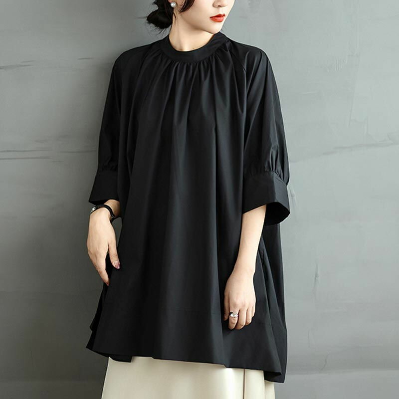 【P10!激安11/11まで】チュニック ブラウス 半袖 シャツ ロング丈 レディース ロング ギャザー入り ラグランスリーブ ロングシャツ プルオーバー 裾 スリット ギャザーブラウス 大きいサイズ ゆったり カジュアル 通勤 無地 黒 50代 40代 トップス シャツブラウス