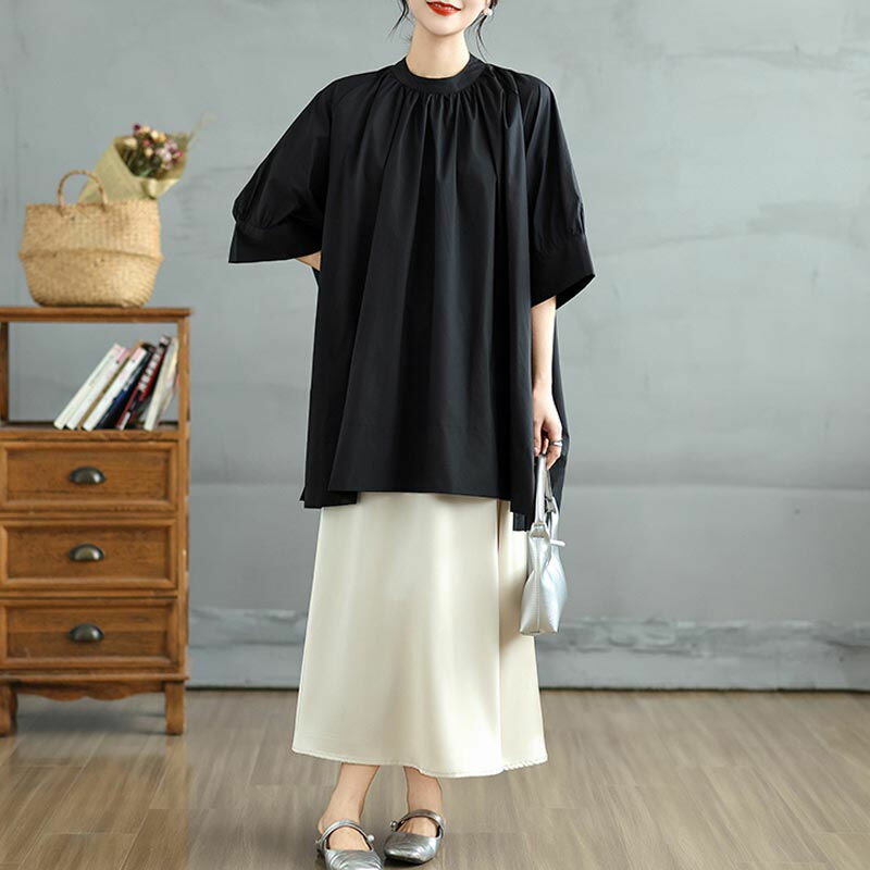 【P10!激安11/11まで】チュニック ブラウス 半袖 シャツ ロング丈 レディース ロング ギャザー入り ラグランスリーブ ロングシャツ プルオーバー 裾 スリット ギャザーブラウス 大きいサイズ ゆったり カジュアル 通勤 無地 黒 50代 40代 トップス シャツブラウス