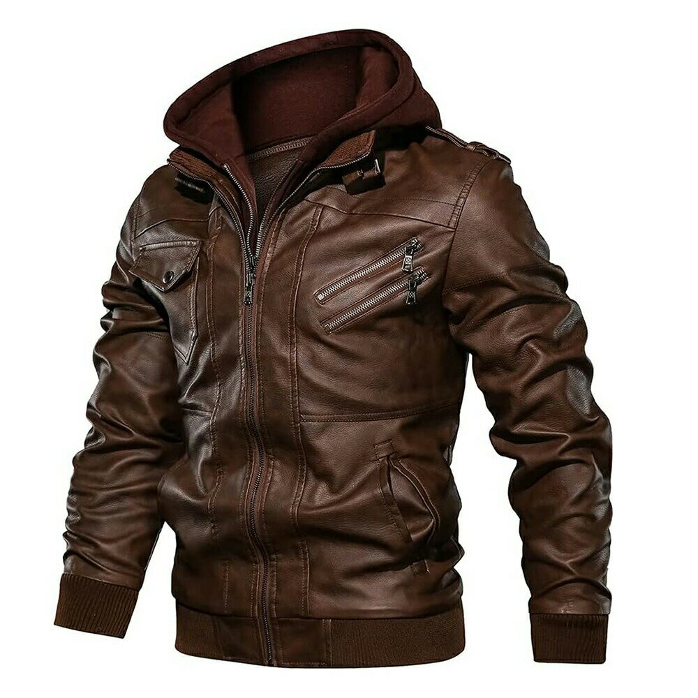 【5880円→実質5762円 P2利用! 11/27 01:59迄】レザージャケット メンズ用 革ジャケット 防寒防風 アウターコート PU革ジャン フード付き 防水 フェイクレザー 春秋冬向け バイクジャケット レザーパーカー 長袖