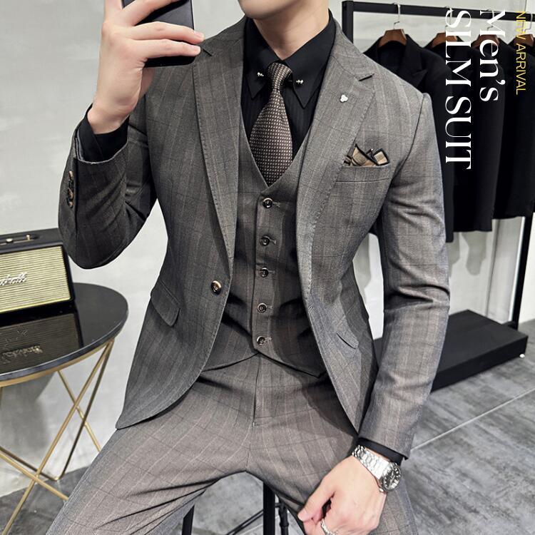 【P2倍！11180円→実質10956円 11/17まで】3ピーススーツ メンズ パンツスーツ チェック スーツ メンズスーツ 前撮り タキシード 紳士服 礼服 冠婚葬祭 1つボタンセレモニースーツ ビジネススーツ フォーマル 通勤 オフィス 発表会 二次会 同窓会 おしゃれスーツ 結婚式