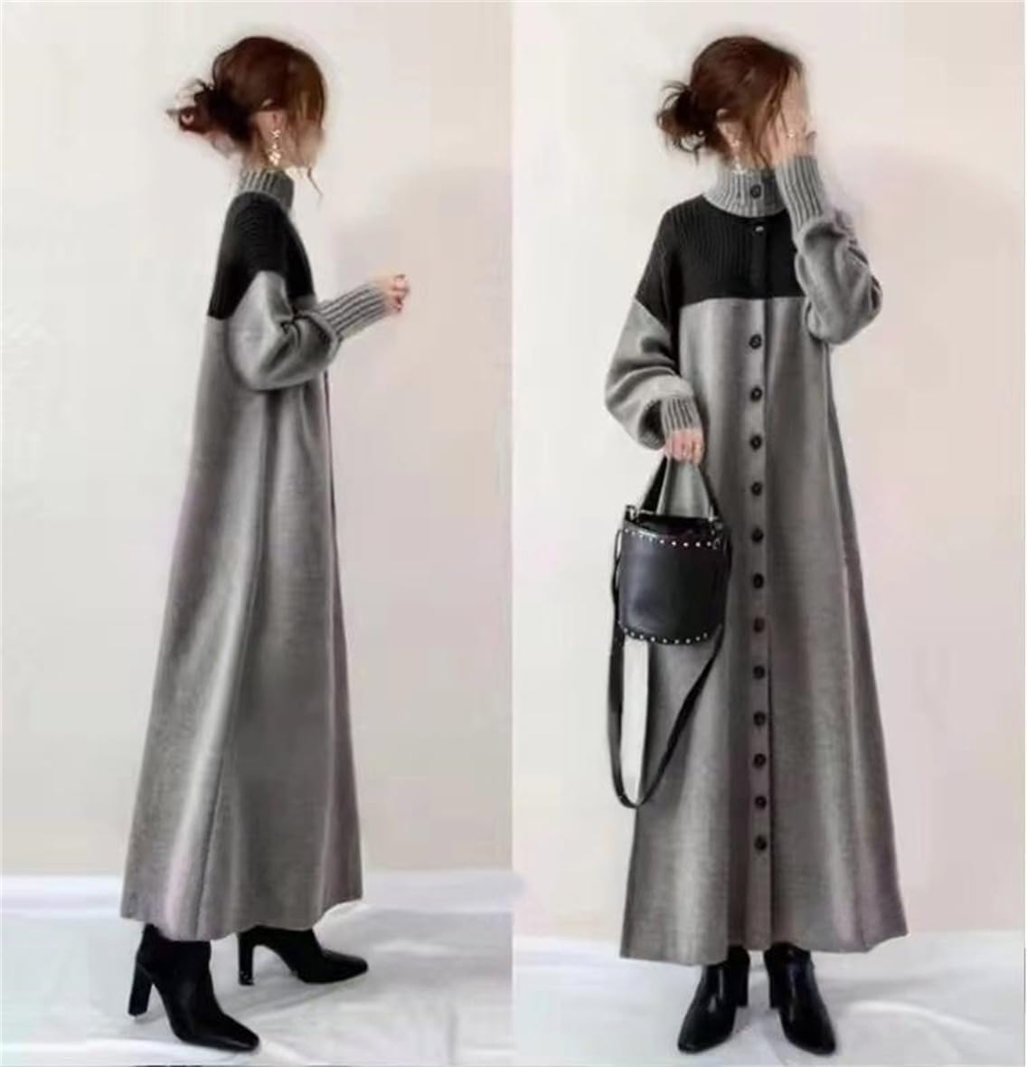 【半額!スーパーSALE】ニットワンピース レディース ロングワンピース コート ワンピース マキシワンピース ニット ドレス セーター フレア ギャザー ハイネック フリル 長袖 ミモレ丈 切り替え 重ね着風 春秋冬 カジュアル ドッキングワンピース