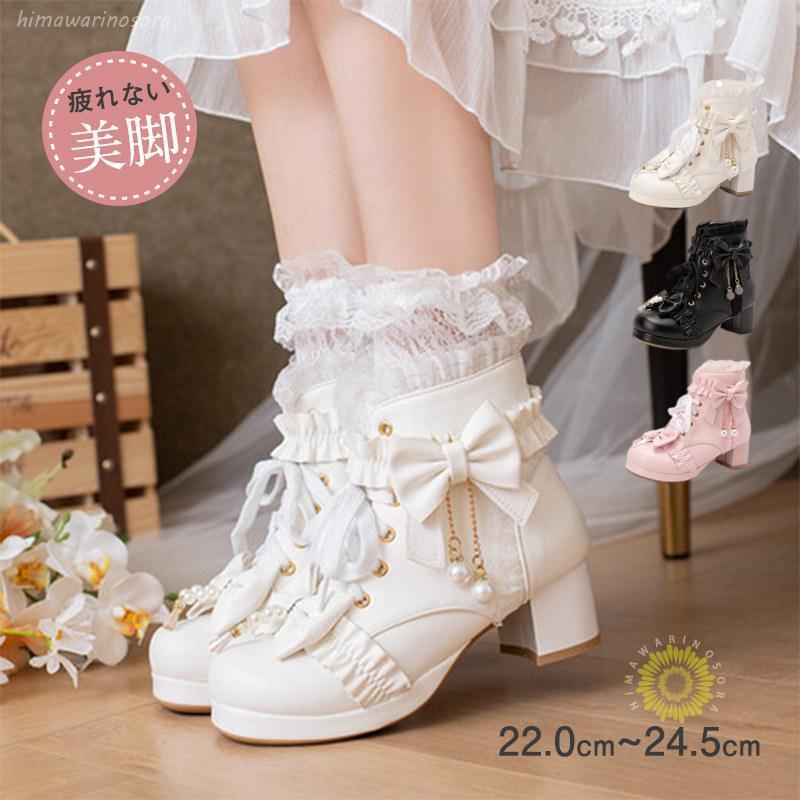 【半額!スーパーSALE】姫系 革靴 ロリータ ショットブーツ レディース チャンキーヒール レース 厚底ブ..