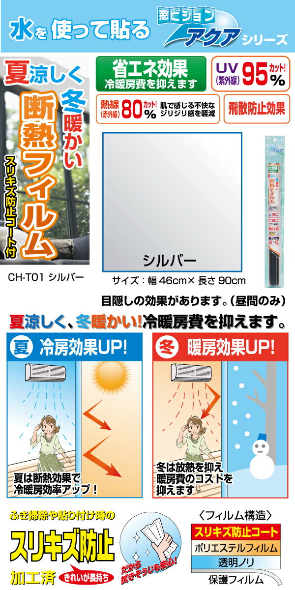 ＼マラソン期間限定！エントリー+複数買いでP12倍以上・クーポンもあります／ 断熱フィルムシルバープレーン無地 46cm×90cm 窓ガラス用 CH-T01 UV紫外線95％カット 熱線(赤外線)80％カット 省エネ 地震など防災対策に 表面スリキズ防止加工 2