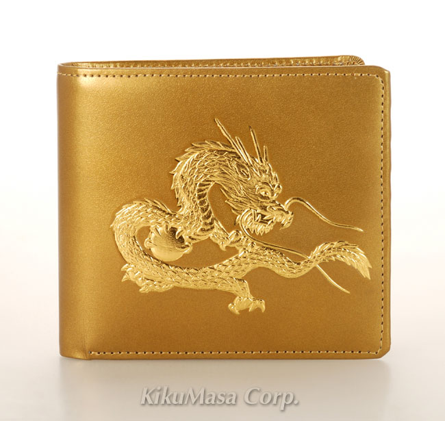 送料無料 皇帝龍 18K 小銭入れ有り 二つ折り財布 ゴールド tk-003-02g 牛革製 メンズ 男性用 さいふ 札入れ 紳士小物 成人式 お祝い プレゼント ラッピング無料 父の日 敬老の日 クリスマス (コ)