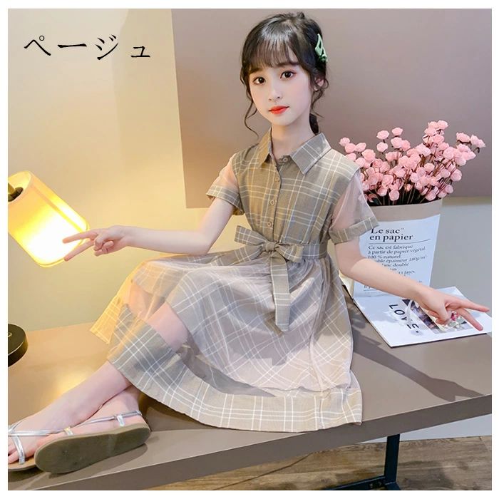 きくショップ楽天市場店の韓国子供服 ワンピース フォーマルワンピ 女の子 夏ワンピ 結婚式 パーティー 卒園式 入学式 卒業式 発表会 受験用 チェック柄 キッズ ガールズ Aラインスカート チュール オシャレ お洒落 110cm 120cm 130cm 140cm 150cm 160cm｜アングル3