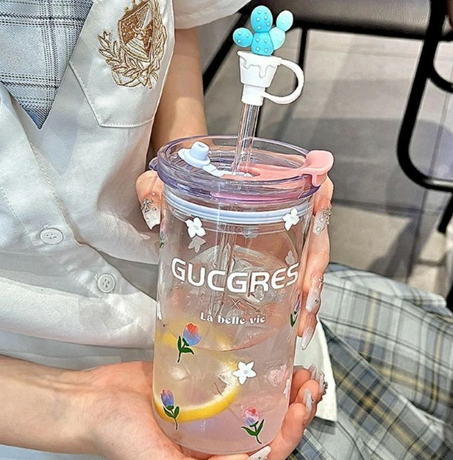 マグボトル 直飲み ガラス グラス マグカップ コップ 蓋付き ふた ストロー付き タンブラー 耐熱 夏 ド..