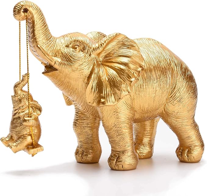 【楽天スーパーSALE】樹脂ゴールド象像 スイングに座る赤ちゃん象の置物 幸運 幸福 富 ホームデコレー..