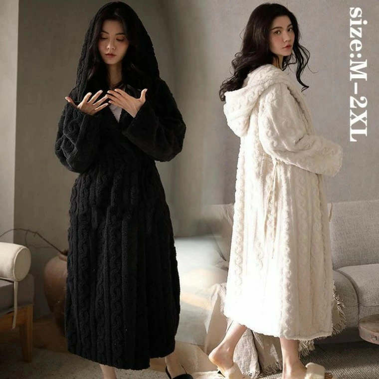 楽天きくショップ楽天市場店【新商品入荷】バスローブ ナイトローブ パジャマ レディース 冬 サンゴネル 裏起毛 もこもこ ふわふわ 部屋着 寝巻き レディースルームウエア ベージュ ブラック INS 新作 ゆったり 2色 オシャレ きれいめ 帽付 長袖 厚手 防寒 ルームウエア あったか