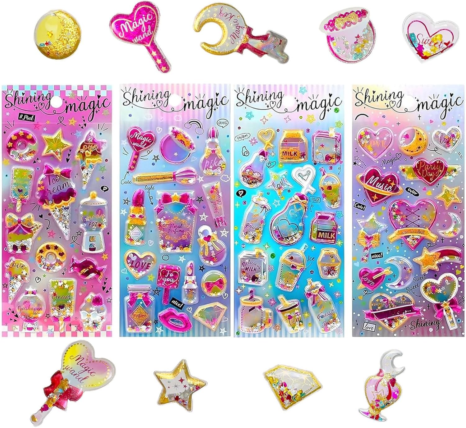 【正規品 3D グリッター シャカシャカ シール 】多彩なテーマで選べる豊富なデザイン 可愛いステッカー ぷくふくシール スパンコール付き 手帳 ノート アルバム カレンダー スーツケース ヘルメット スケジュール ギフト デコレーション (コンビネーションA - 4スタイル)