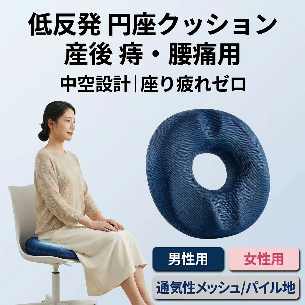 【痔用ドーナツ クッション】低反発 円座クッション 産後 痔・腰痛用 肛門術後 お尻が圧迫されない クッシ ドーナツクッション 中空構造 通気性 低反発 圧迫分散 前立腺炎 坐骨神経痛 座布団 洗える 椅子用 デスクワーク 男女兼用 父の日 母の日 ギフト