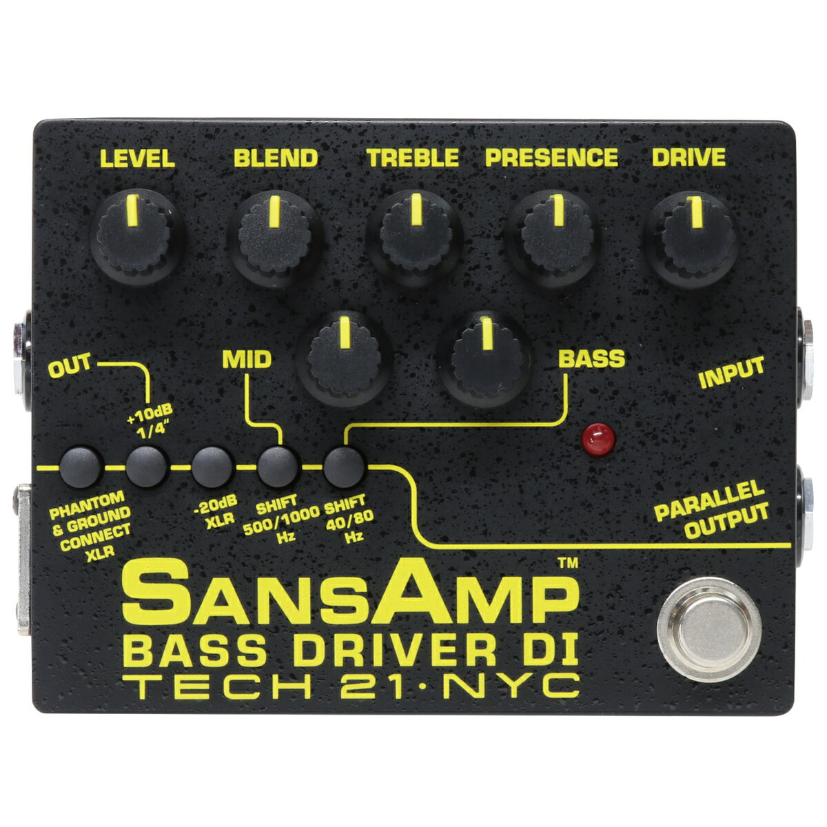 TECH21 BASS DRIVER DI V2 ベース用DI SansAmp BASS DRIVER DIはビンテージなチューブトーン、明るくモダンなスラップサウンド、攻撃的な歪み、それらのすべてが再現可能なベース専用のダイレクトボックスです。本機を直接ミキサー&amp;レコーダーに接続するだけで、チューブアンプらしいサウンドが得られます。5弦、6弦ベースなどの低い音域をカバーするため、低音の周波数を調整するスイッチを追加。また、ミッドレンジコントロールとその周波数を調整するためのスイッチも追加しました。レコーディングも同様に直接ミキサーに接続できるため、求めてるサウンドをメイン・システムから出力できます、もちろんステレオやヘッドフォンと直接接続が可能です。本機は、ステレオに直接接続しても使用できます。ヘッドフォンを直接アウトプットにつないでモニターすることも可能ですPRESENCEコントロールは高域のハーモニクスやアタックを増加させます。DRIVEコントロールはオーバードライブの量を調整。BLENDコントロールは楽器のダイレクトなサウンドとサンズアンプのサウンドを調整可能です。LEVELコントロールは出力レベルを調整。TREBLE / MID / BASSコントロールはブースト、カットが可能なアクティブ・トーンを調整できます。OUT -10dB 1/4″はOUTPUTの出力インピーダンスを切り替えます。-20dB XLRはXLRの出力インピーダンスを切り替えます。PHANTOM &amp; GROUND CONNECTは本機のグランドを接続または、リフトするスイッチです。SHIFT 500/1000Hz（ミッドシフト）はMIDの周波数を500Hzと1000Hzで切り替えます。SHIFT 40/80Hz（ベース・シフト）はBASSの周波数を40Hzと80Hzで切り替えます。INPUTは1/4インチフォーン、1MΩ（電源スイッチ兼用）です。OUTPUTは1/4インチフォーン、1kΩです。PARALLEL OUTPUTは入力ジャックから直接接続された出力です。XLR OUTPUTはバランス出力です。※本製品はACアダプターは付属しておりません。別途でお買い求め下さい。