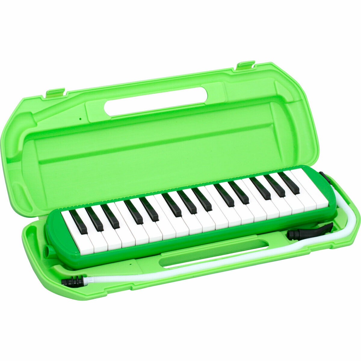 KIKUTANIMM-32 GRE(みどり) 鍵盤ハーモニカ「メロディメイト」 一般的なアルト32鍵仕様のMM-32。音域はFからC3となっていて、子供たちが習う楽曲の音域はほとんどカバーできます。またカラフルな製品は目を引き、幼稚園などで使っていても楽器が迷子になる心配がないのも大きな特徴です。交換用の立奏用、卓奏用パイプセットもご用意しております。2016年4月以前製造モデル（初期セットの立奏用パイプがストレートタイプの場合）　MM-P1現行モデル用（初期セットの立奏用パイプがカーブタイプの場合）MM-P1NSPECCOLORBLUE, PINK, GREEN本体寸法横幅420mm/縦幅104mm/高さ48mmケース寸法横幅465mm/縦幅180mm/高さ60mm本体重量570g総重量（ケース、付属品込み）1040g鍵数アルト32鍵音域f〜c3本体中空二重ブローケース入り付属品中空二重ブローケース、立奏用唄口、卓奏用パイプサイズW420×D104×H48mm 5
