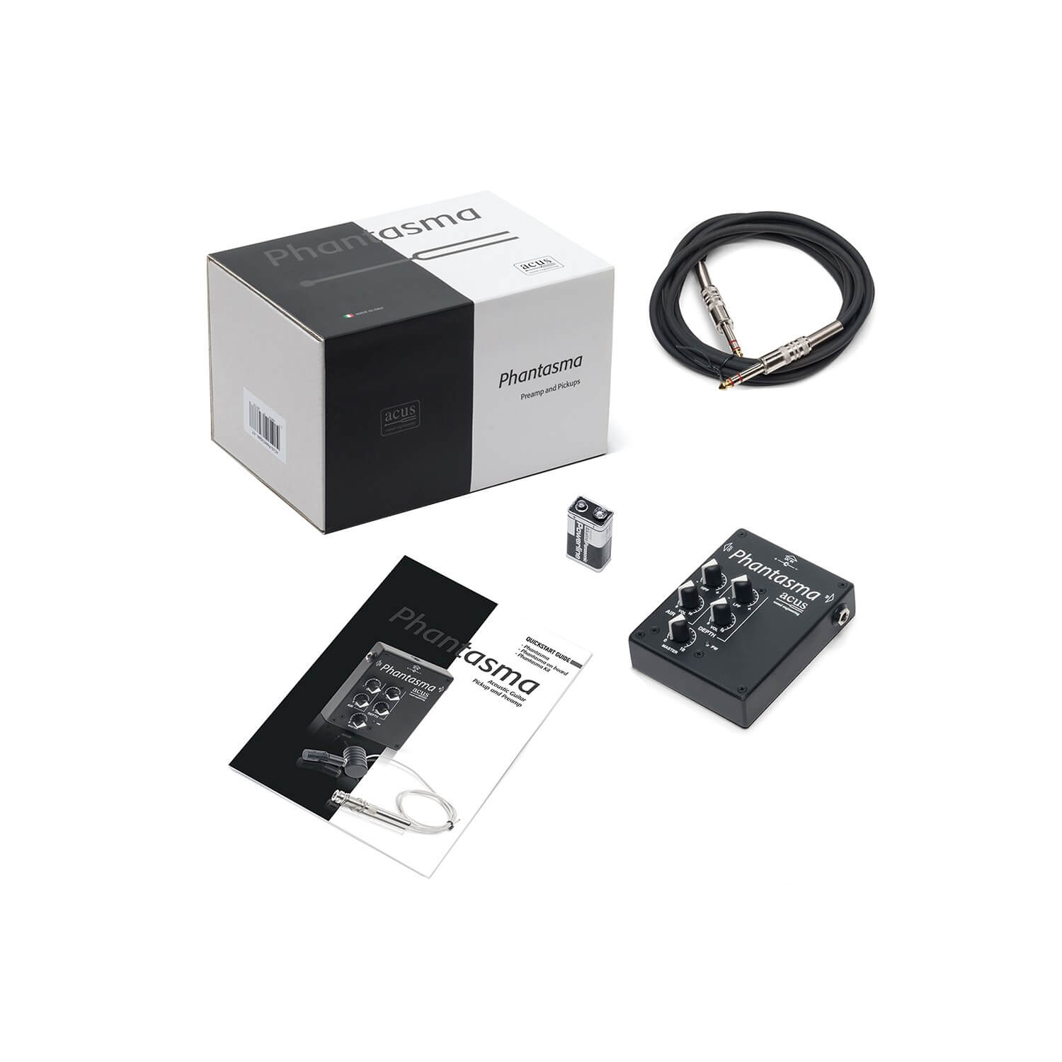 PHANTASMA（ファンタズマ）は、楽器本来の響きをそのままに再現するクラスA設計の外付けプリアンプです。楽器内部に丁寧に取り付けられたピエゾピックアップとマイクから得られる高音域と低音域の信号を独立してコントロールできるため、より繊細で立体的な音作りが可能です。楽器の構造や音響特性を一切損なうことなく、自然で表現力豊かなサウンドを実現します。 電源は9V電池を使用し、ステレオジャックケーブル（付属）を使って、さまざまなシステムへの接続もスムーズに行えます。ライブからレコーディングまで、あらゆるシーンであなたの楽器のポテンシャルを引き出します。 ※他社ピックアップと互換性はございません。専用ピックアップ (PHANTASMA ONBOARD KIT) をご使用下さい。 入力インピーダンス: Piezo 2.2MΩ / Microphone 10 KΩ 電源: DC12V（φ2.1mmセンターマイナス)（別売）or 006P/9V電池（別売） 消費電流: 15mA プリアンプサイズ: 120 x 104 x 50mm（ジャック、ノブ含む） プリアンプ重量: 480g