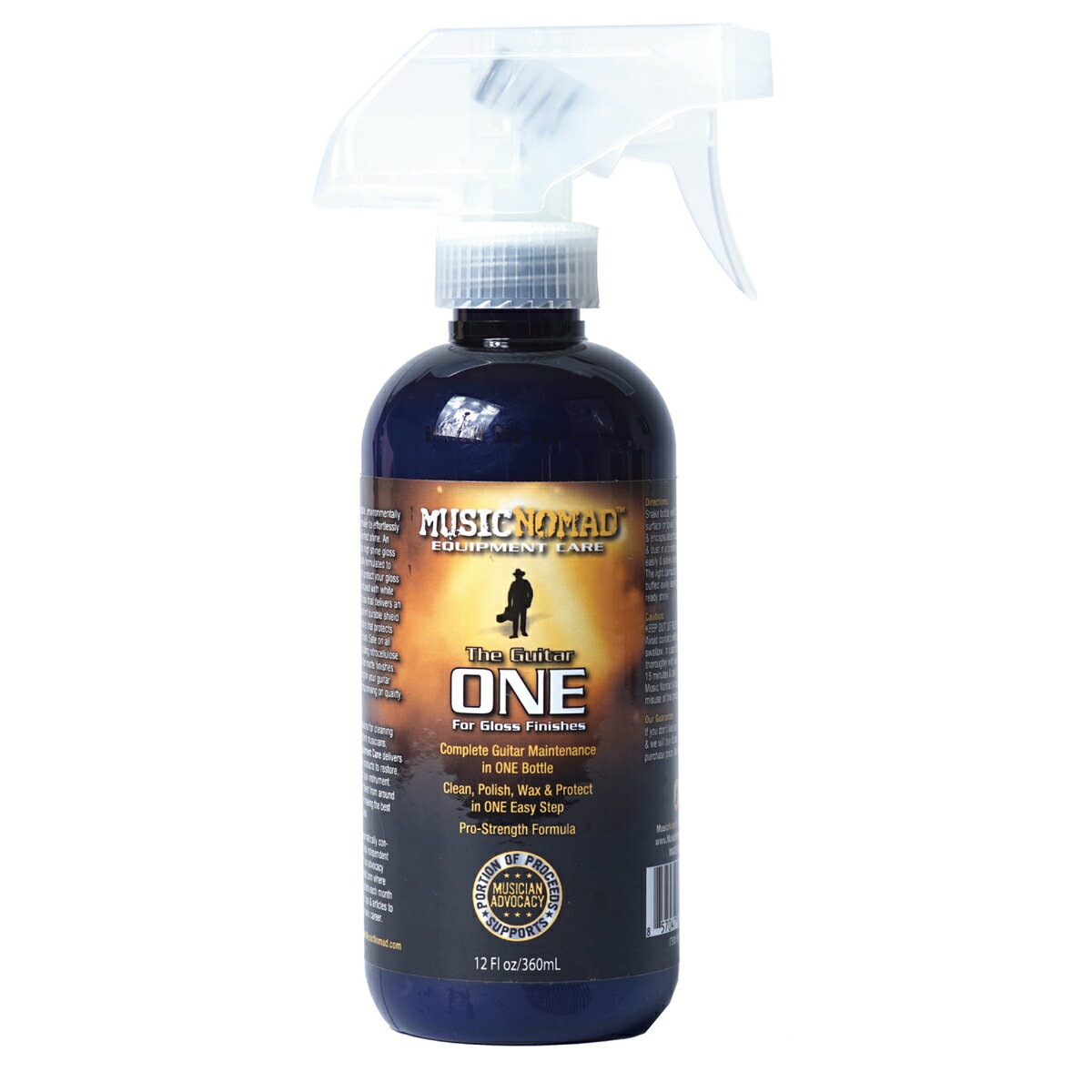 MUSIC NOMAD MN150-GUITAR ONE- ギターベース用オールインワン（クリーナー、ポリッシュ、ワックス） これ1本でクリーナー、艶出し、ワックス効果ワンステップで簡単に完璧な輝きを得られます。非常に滑らかで、ベタつき感も無く、高い光沢を保持します。本製品はブラジル産カルナバワックスにより透明で耐久性のある保護膜を張り、あなたの楽器の塗装面を守ってくれます。品質は落とさず、ギターメンテを簡単にしました。プロユースのために内容量を360mlにした製品です。・1本でギターのメンテを完璧に・クリーナー、艶出し、ワックス、保護を簡単ワンステップ・プロ仕様・独自配合によりホコリ付着防止・UVカットで日焼けによるダメージを防ぐ・環境にやさしい高生分解調合・短時間作業の実現・ラッカーに影響を与えない成分構成