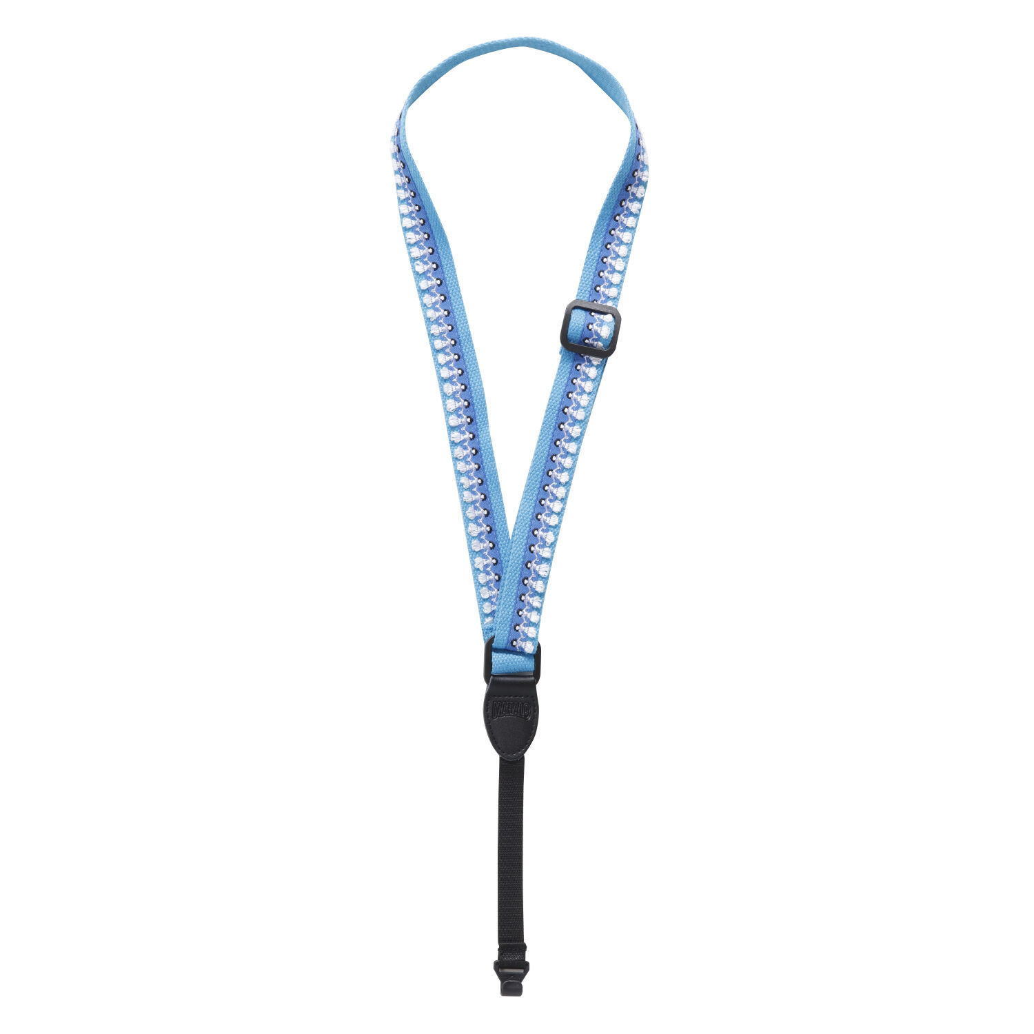 ウクレレ用ストラップ。 立って演奏する際にあると便利な首からさげるタイプのストラップ。ウクレレのサウンドホールにフックをひっかけるだけでOK! 模様には可愛いフラガール♪ よーく見ると手を繋いでいてさりげないところも凝っています。 長さ: 52cm〜67cm調整可能 幅: 2.5cm